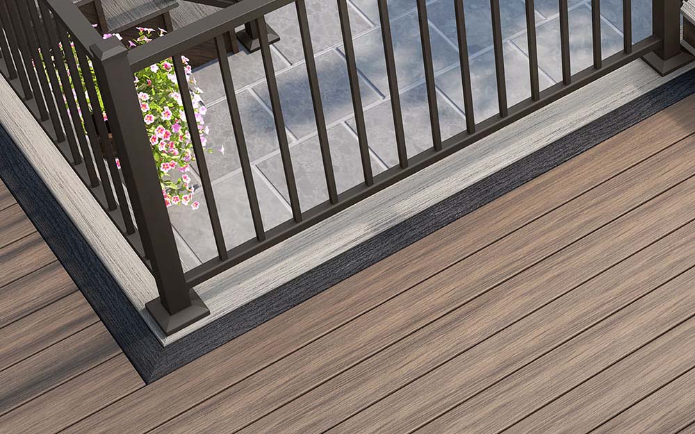 Backyard deck, top view, created with Deckorators, Voyage Khaya with dark slate picture frame boarder