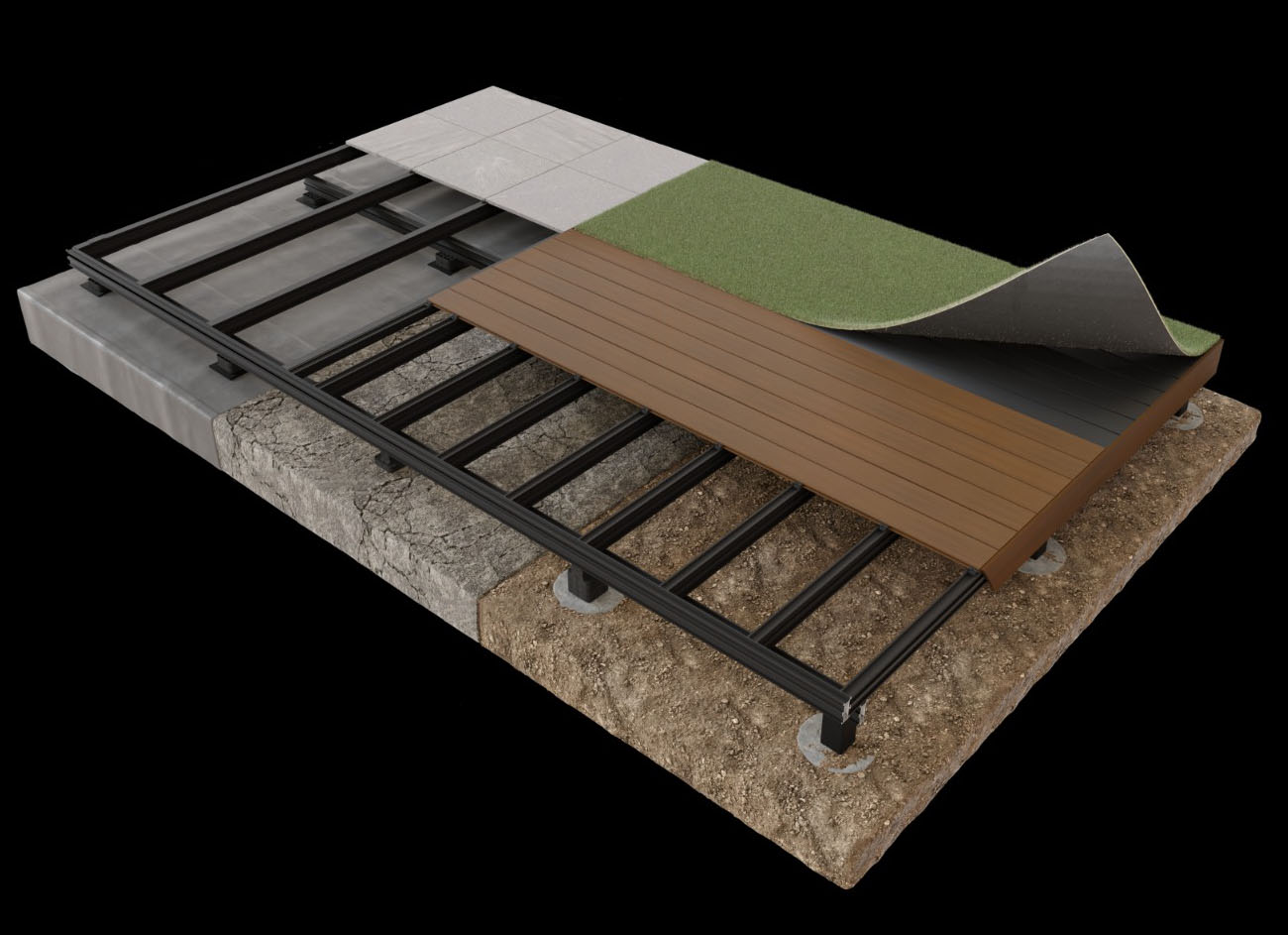 Outdure framing with finishing options board, grass, tile
