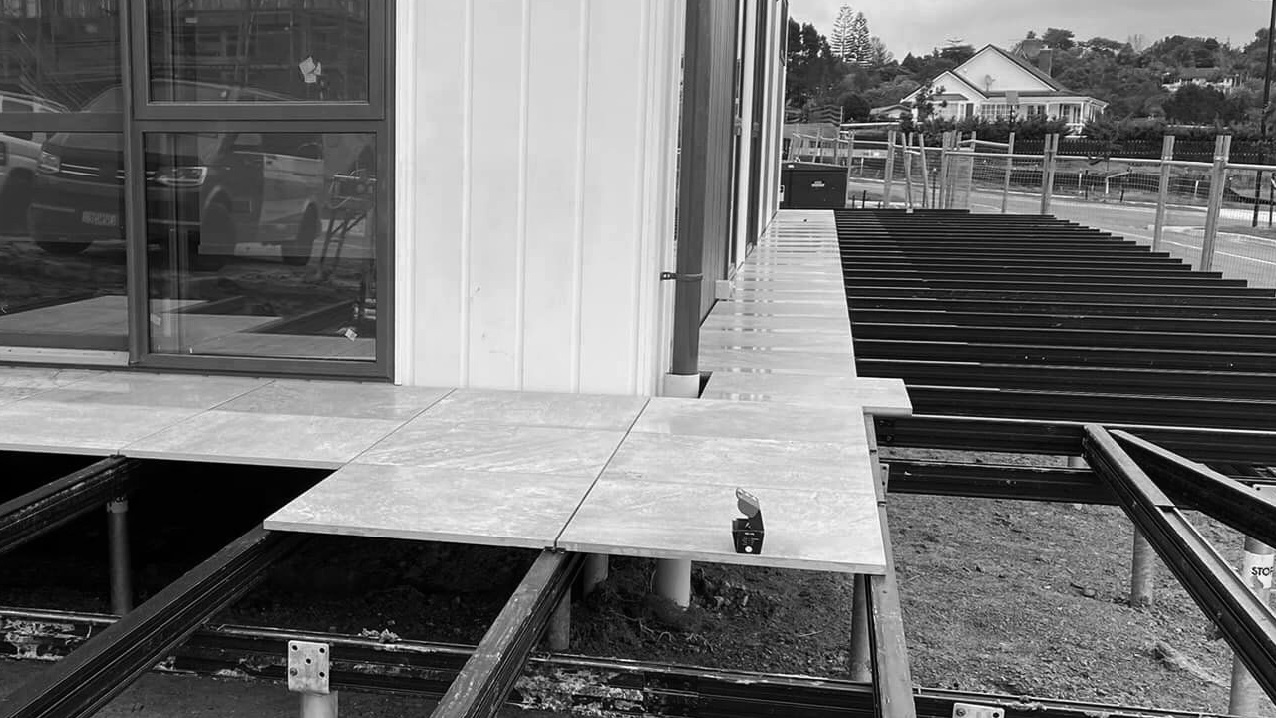 installation of an elevated tile deck using QwikBuild framing
