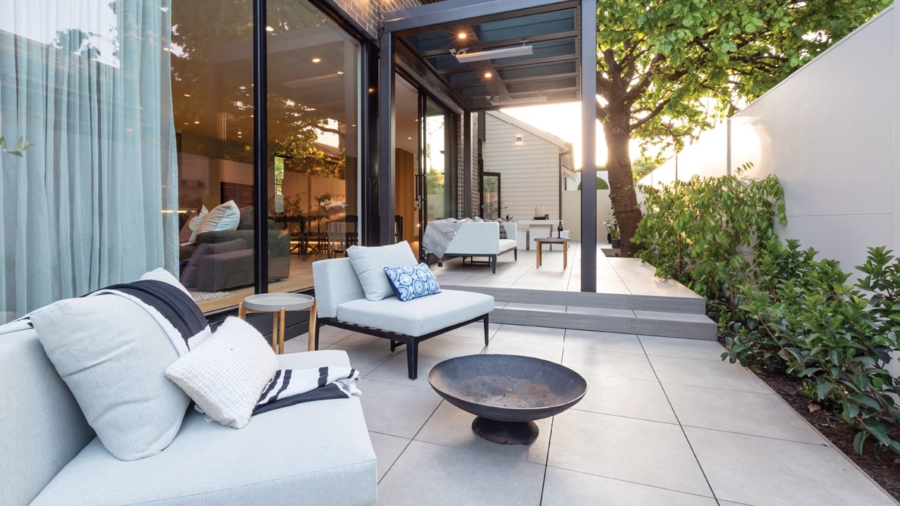 finished tile deck, chairs and firepit