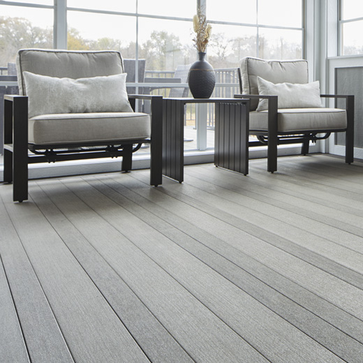 view of 2 chairs on Dark Hickory and Coastline porch boards.