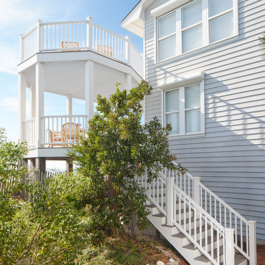 two story house, railing infill white balusters