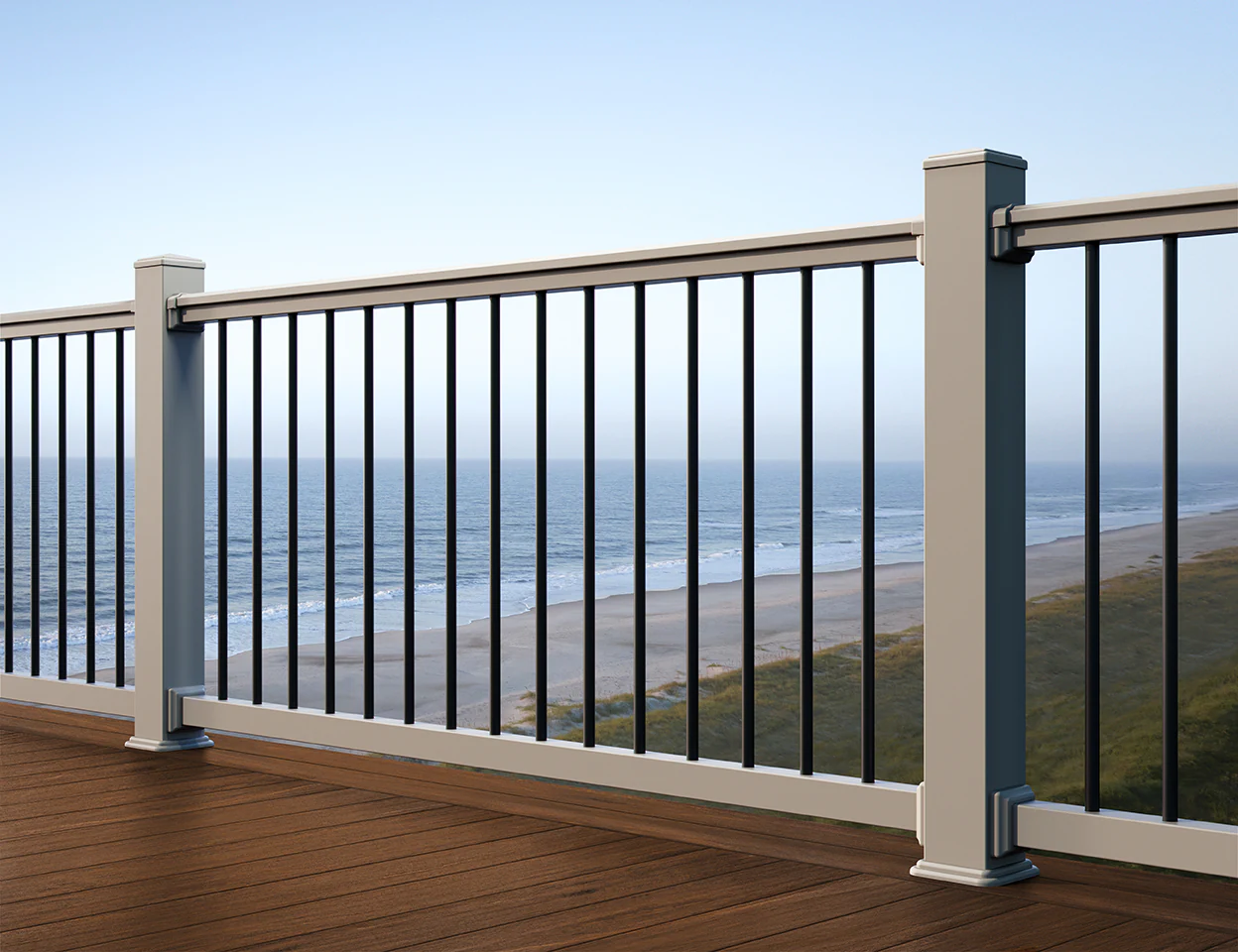 Section of Contour rail by TimberTech in Khaki with round balusters