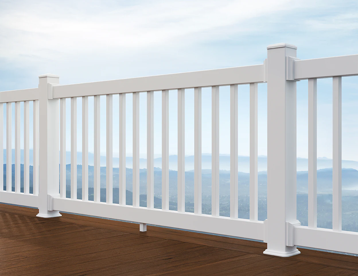 Section of Contour rail by TimberTech in white with square balusters