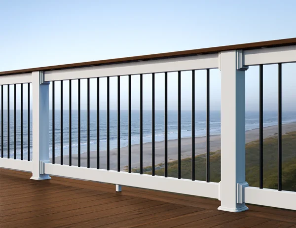 section of TimberTech Reliance vinyl railing, style core with drink rail