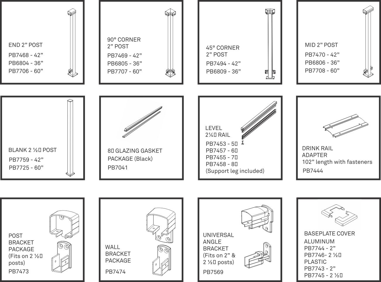 Vista Aluminum Framed glass Railing System diagrams