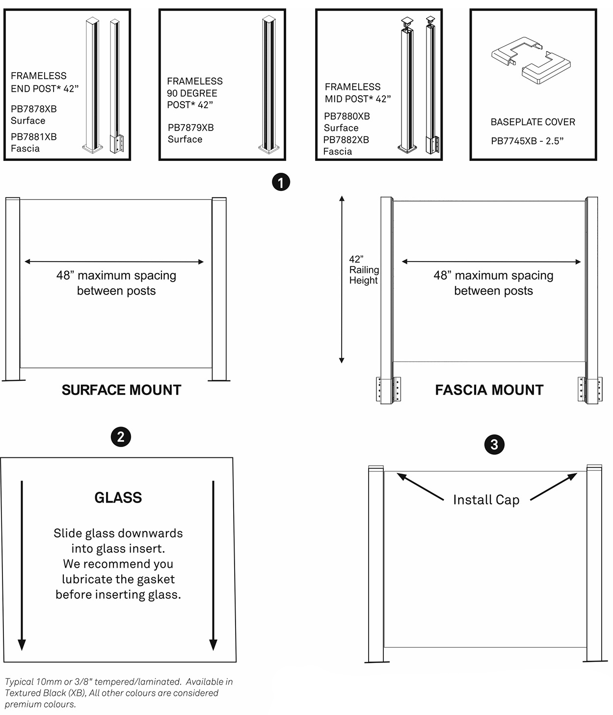 Vista Aluminum Frameless glass Railing System diagrams